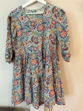 2-DAY BLOCK PRINT FLORAL GATHERED MINI DRESS PEASANT COASTAL BOHO SZ S/M